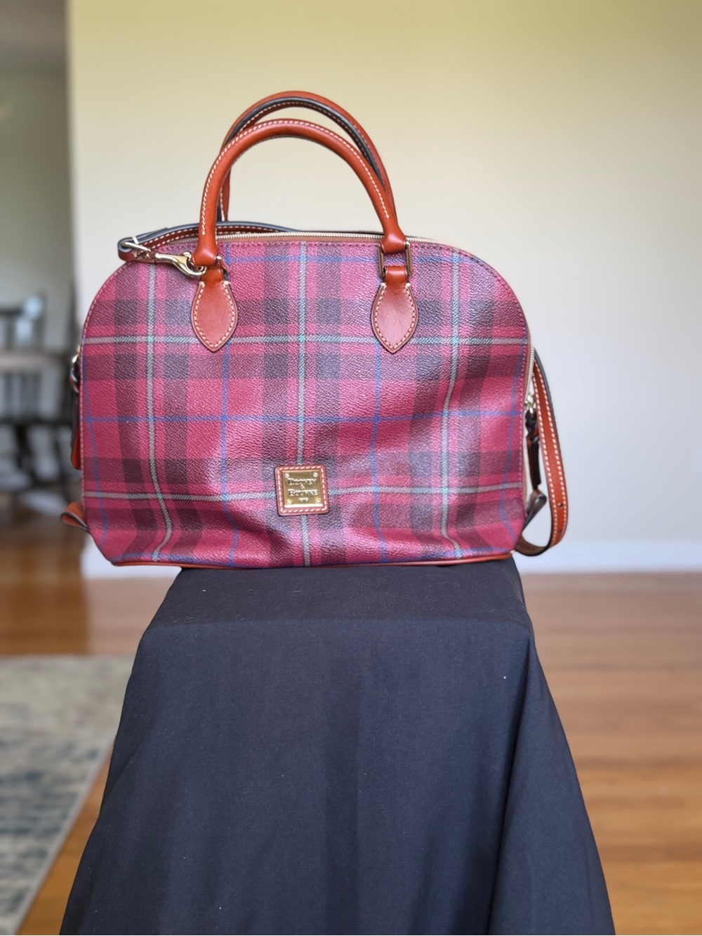 Dooney & Bourke Red Plaid Satchel with Brown Leather Trim